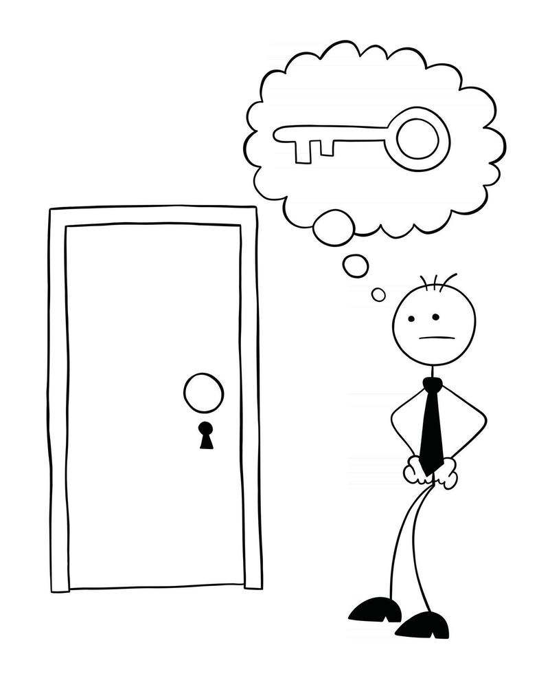 Stickman Businessman Character In Front of the Locked Door But No Key Vector Cartoon Illustration