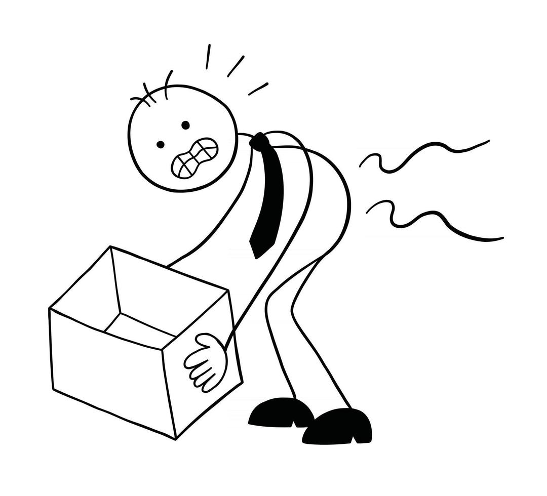 Stickman Businessman Character Hurts Back When Lifting Box Vector Cartoon Illustration