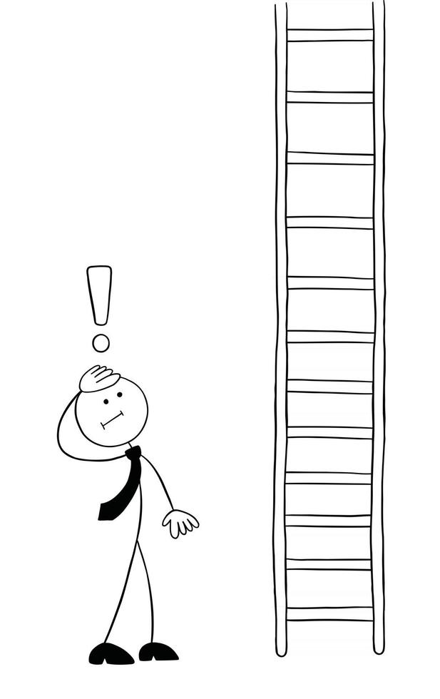 Stickman Businessman Character Looking at the Very Long Wooden Ladder and Worried Vector Cartoon Illustration
