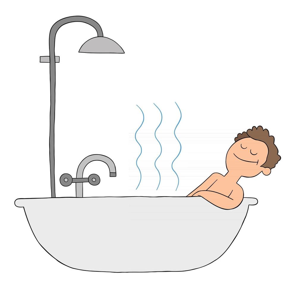 Cartoon Man Takes a Bath In the Tub and is Very Happy Vector Illustration