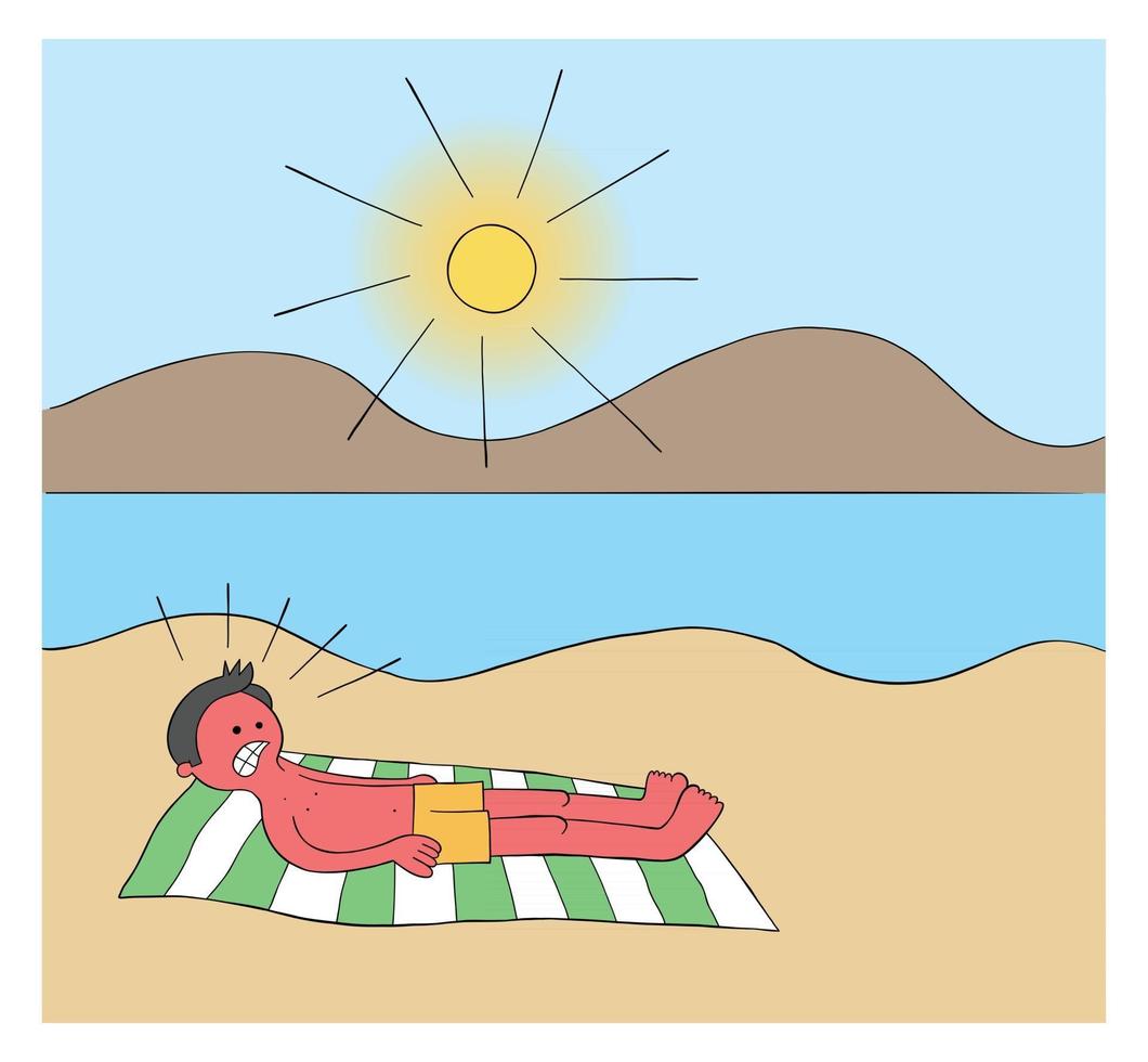 Hombre de dibujos animados tomando el sol en la playa durante horas y cuando se despierta todo su cuerpo está quemado ilustración vectorial roja vector