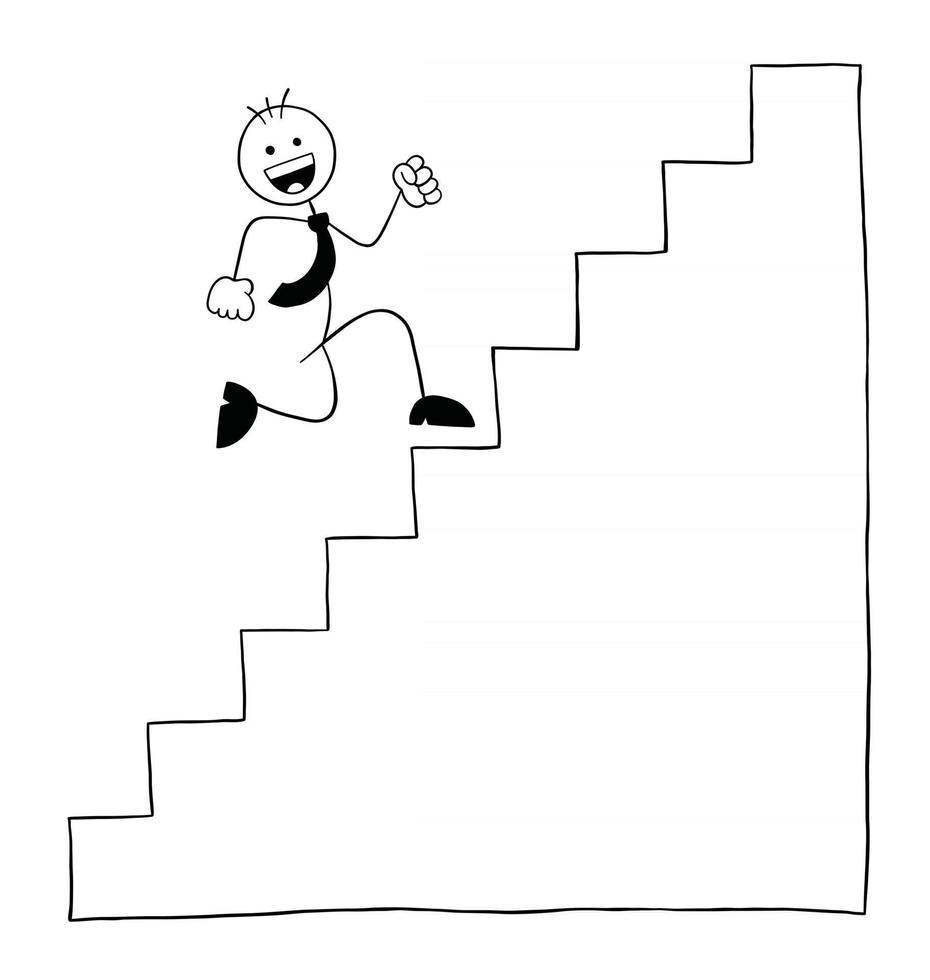 stickman, hombre de negocios, carácter, feliz, y, funcionamiento, escaleras, vector, caricatura, ilustración vector