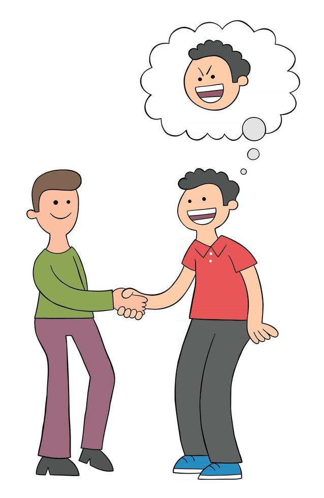 dibujos animados dos hombres se dan la mano y se ven felices, pero uno de ellos es una ilustración vectorial maliciosa vector
