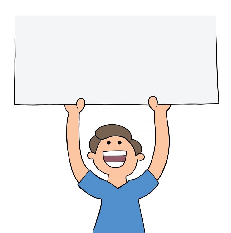 Cartoon Man Holding Blank Sign Upwards Vector Illustration