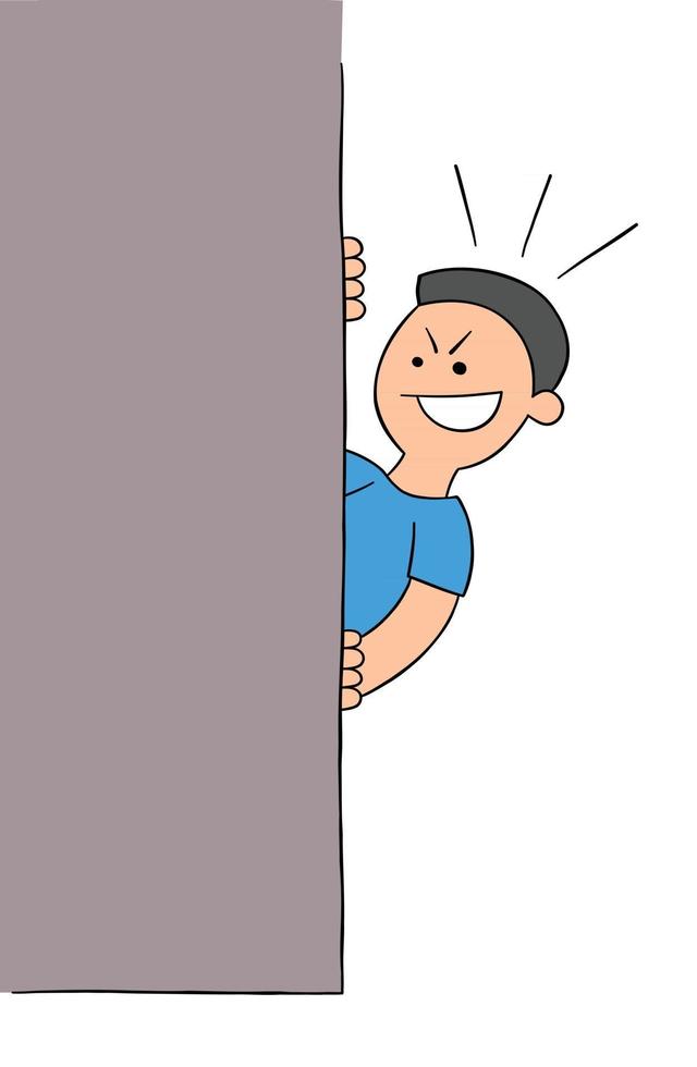 Cartoon Sneaky Man Hiding Behind the Wall Vector Illustration