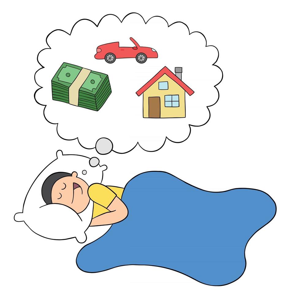 Hombre de dibujos animados sueña con casa de dinero y coche de lujo mientras duerme ilustración vectorial vector