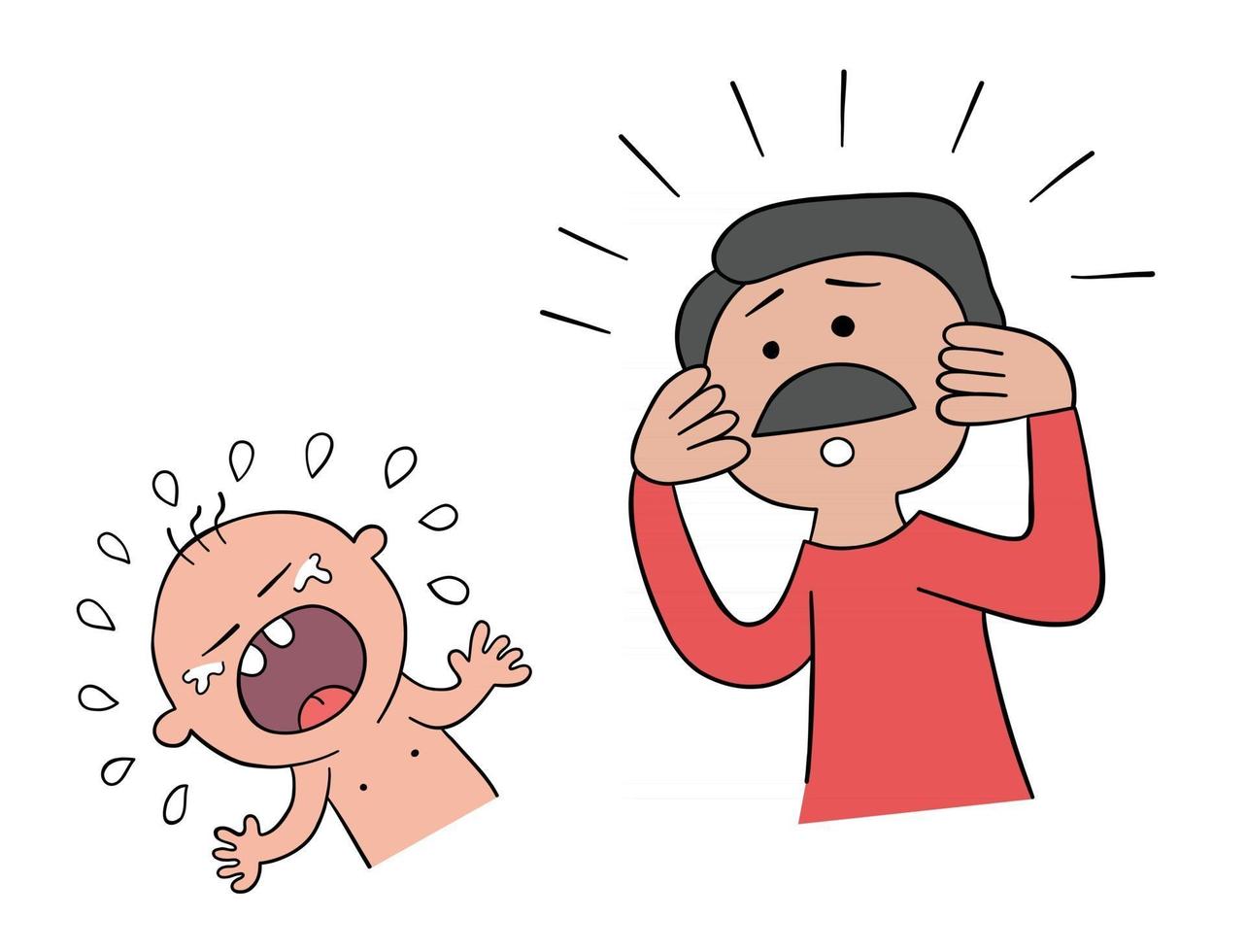 Cartoon Baby is Crying and His Father does not Know What to Do Vector Illustration