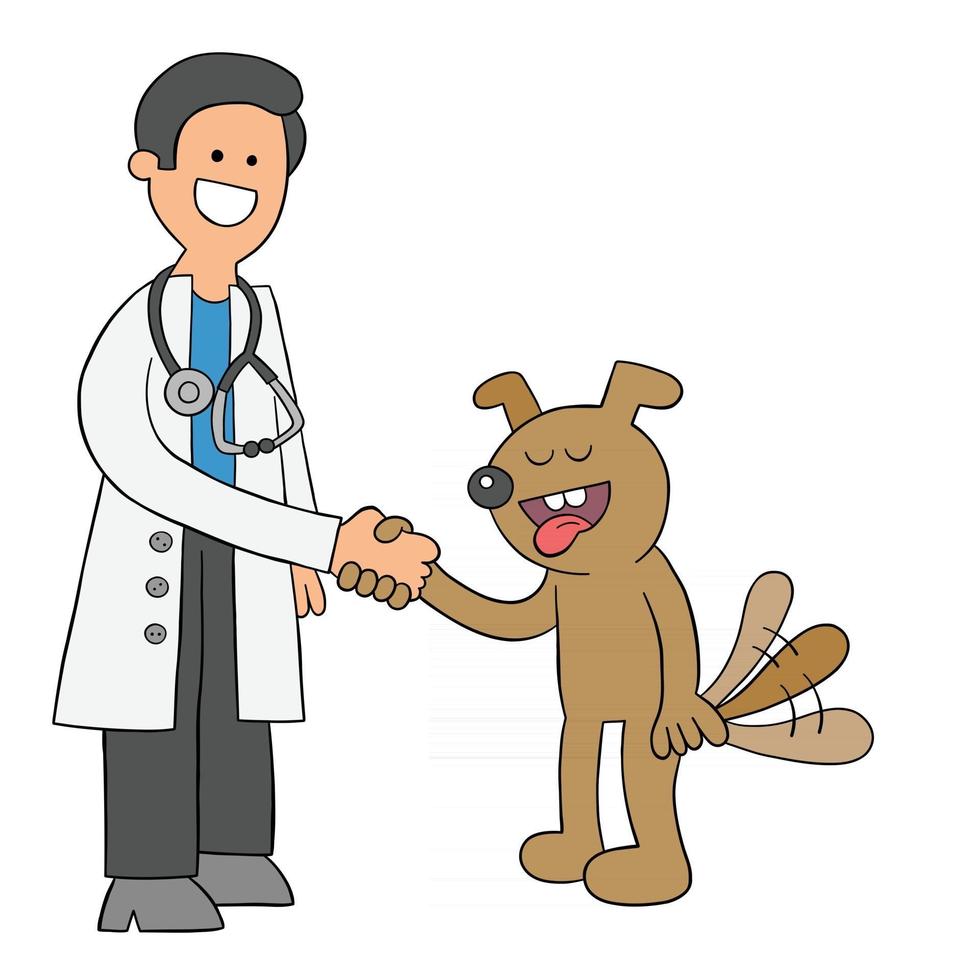 veterinario de dibujos animados y el perro se llevan bien y se dan la mano ilustración vectorial vector