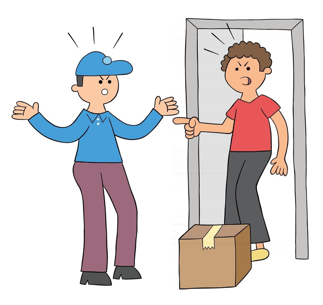 Cartoon Courier Brings Parcel Discusses With Customer Vector Illustration