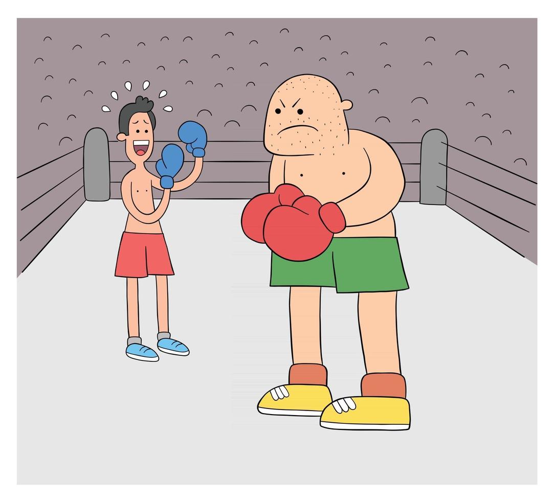 Dibujos animados de combate de boxeo boxeador débil y fuerte en la ilustración de vector de ring