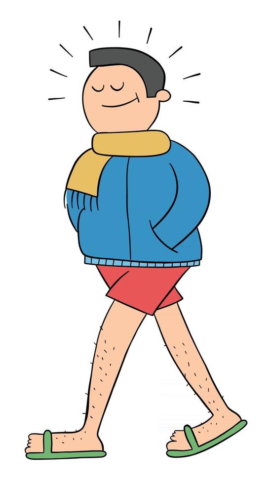 Cartoon Man Dressed In Interesting Outfit Coat Under Shorts and Slippers Vector Illustration