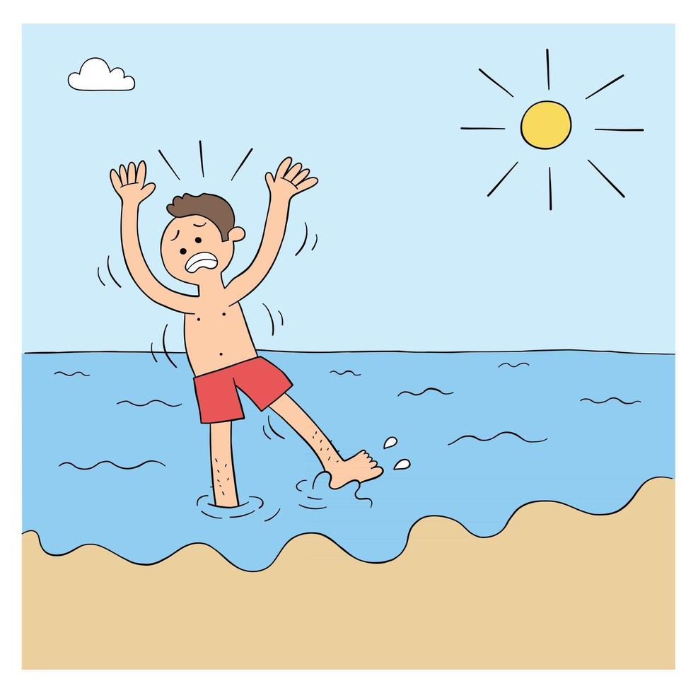 Cartoon Man Can Not Swim and is Afraid of the Sea Vector Illustration