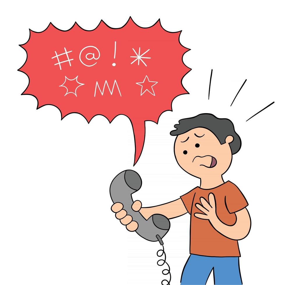 Se dicen malas palabras de dibujos animados al hombre en el teléfono jurando ilustración vectorial vector