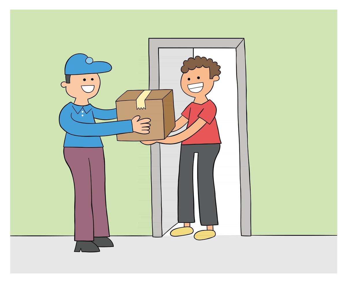 Cartoon Courier Brings the Parcel the Customer Receives the Parcel Vector Illustration