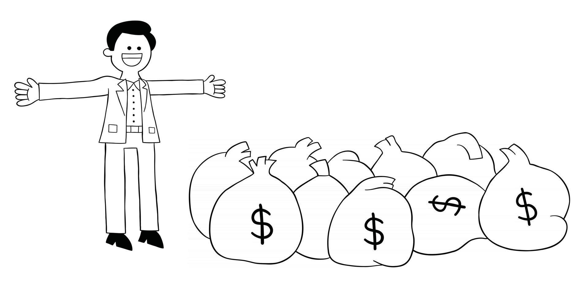 Cartoon Young Man is Very Rich and has Lots of Dollars Vector Illustration