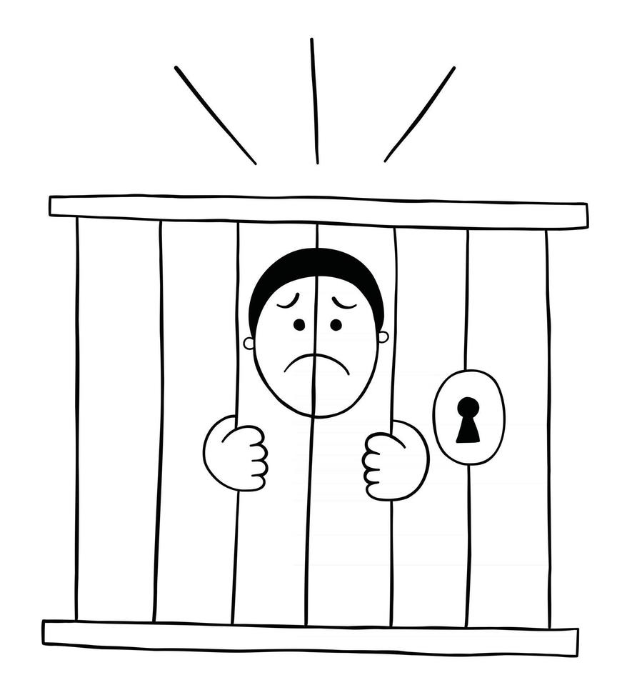 Cartoon Man is in Jail and Very Sad Vector Illustration