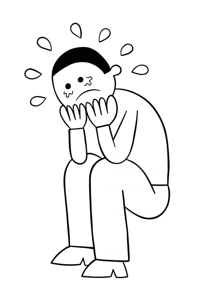 Cartoon Man is Crouching on the Ground and Crying Vector Illustration