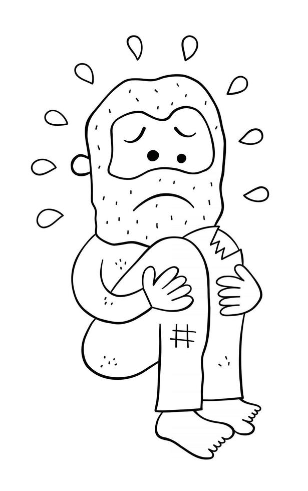 Cartoon Homeless Man Crouching and Very Sad Vector Illustration