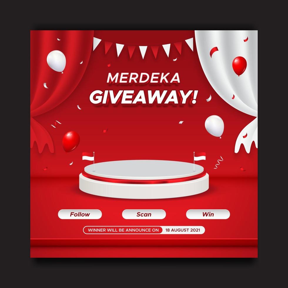Indonesia's independence day giveaway contest social media post template with podium and balloons vector