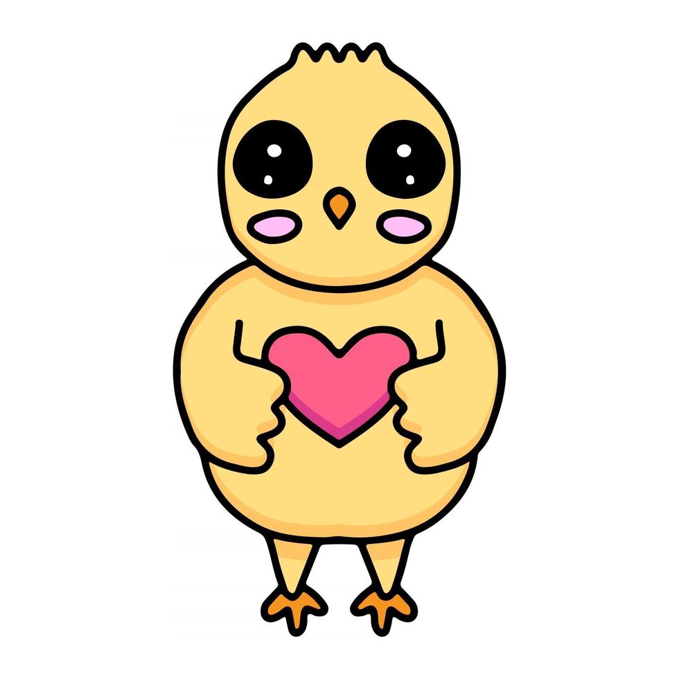 Dibujos animados de pollitos kawaii abrazan un corazón. ilustración vectorial de diseño vector
