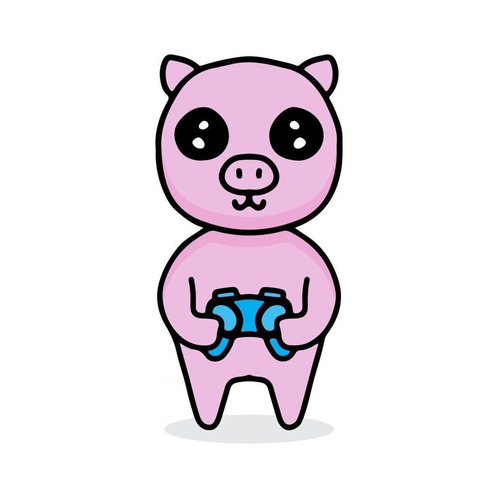 kawaii pig cartoon holding joystick. Design illustration for sticker and apparel vector