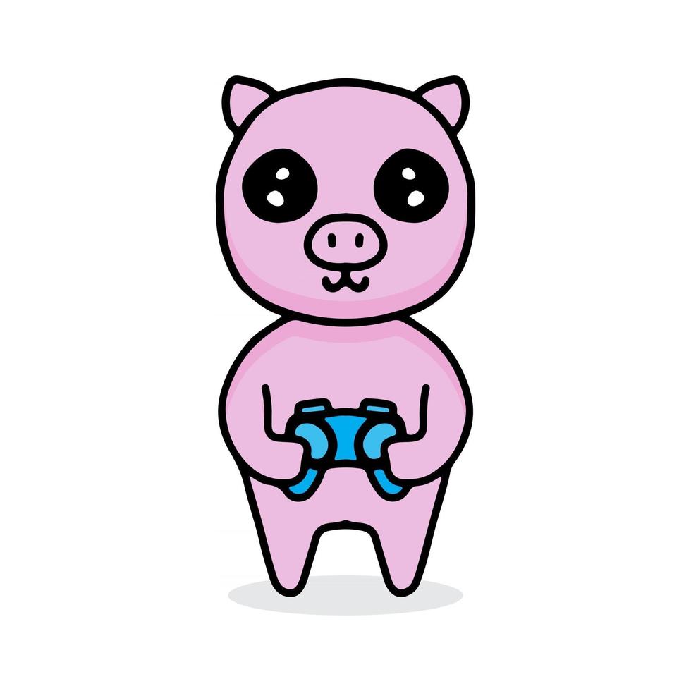 kawaii pig cartoon holding joystick. Design illustration for sticker and apparel vector