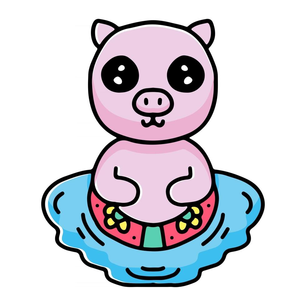 summer pig cartoon swimming with rubber ring. illustration for stickers and apparel vector