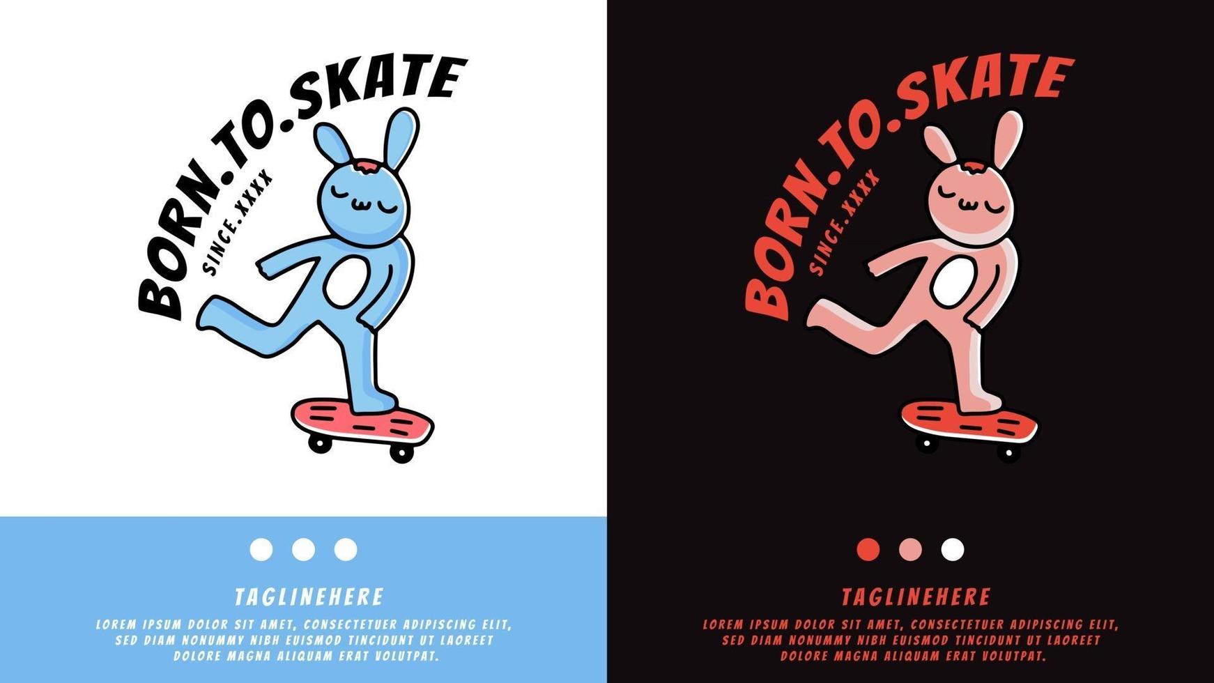 conejito jugando patineta en estilo exagerado. ilustración para camisetas, carteles, logotipos, adhesivos o prendas de vestir. vector