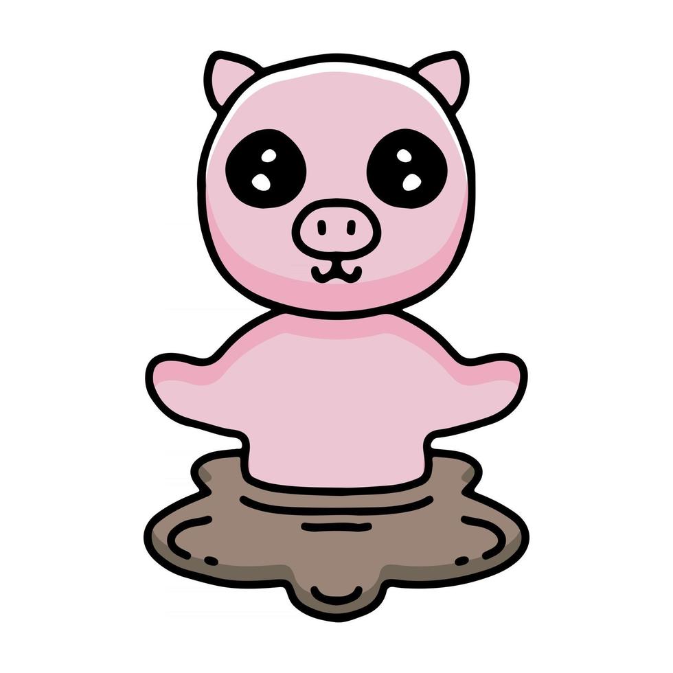 Juego de dibujos animados de cerdo kawaii en un barro. Ilustración de diseño para calcomanías y prendas de vestir. vector