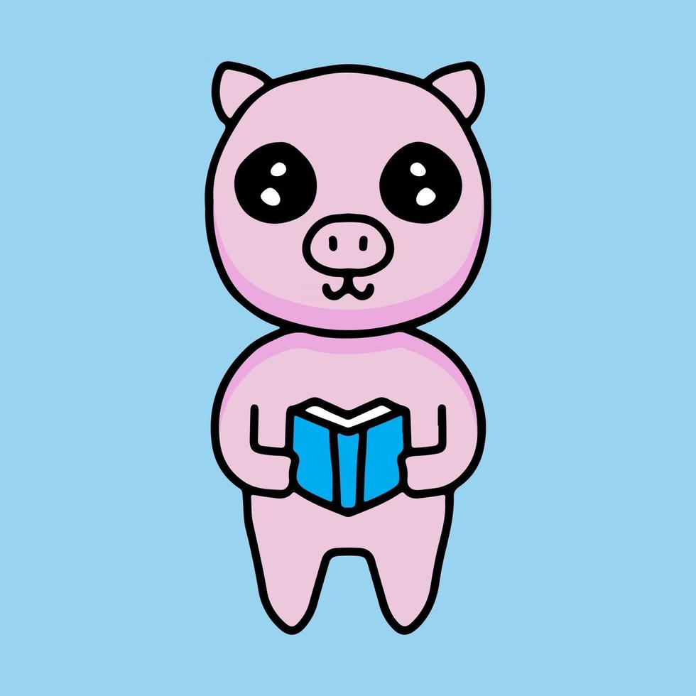 cute pig cartoon reading a book. Design illustration for sticker and apparel vector