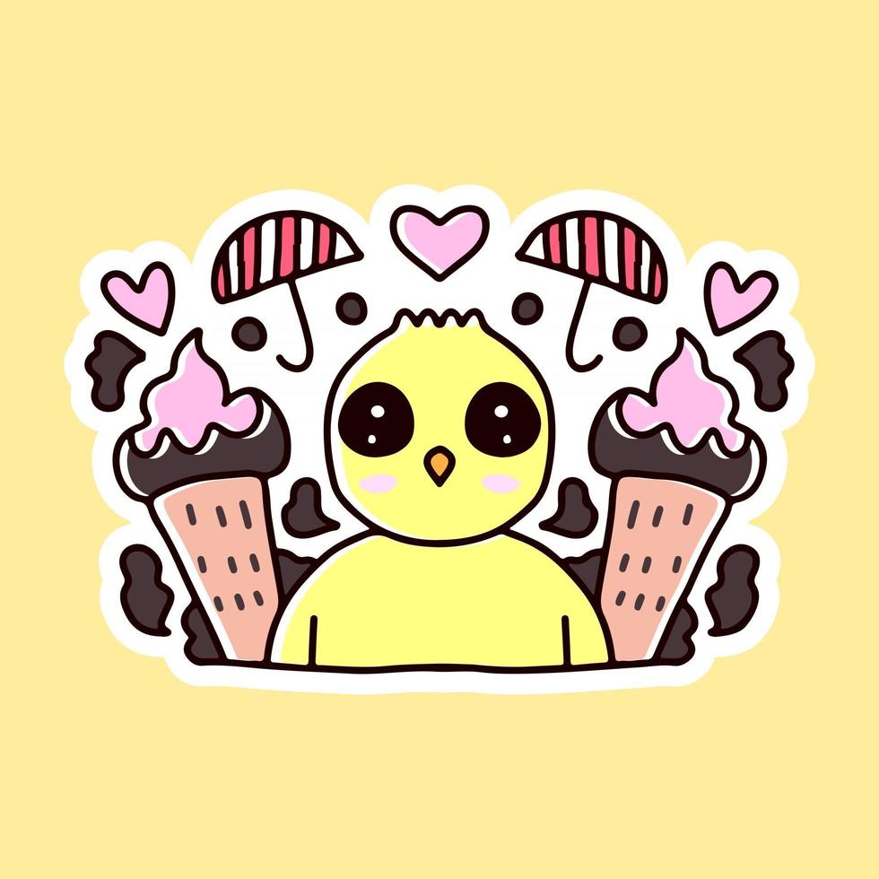 kawaii chicks with ice cream doodle cartoon for summer vector