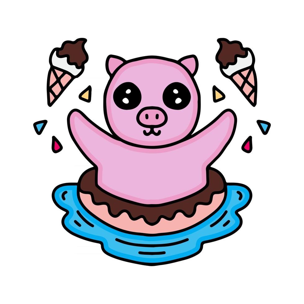 dibujos animados de cerdo de verano nadando con donut y helado. ilustración para pegatinas y ropa. vector