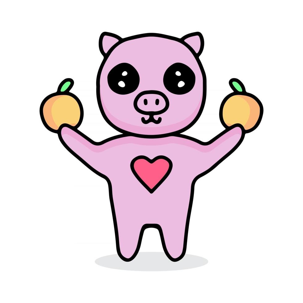 dibujos animados de cerdo bebé con frutas naranjas. Ilustración de diseño para calcomanías y prendas de vestir. vector