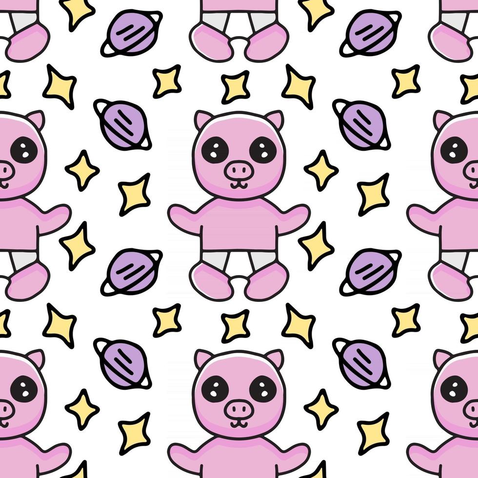 cute seamless pattern of baby pig with planet and stars . Design illustration with cartoon style. vector