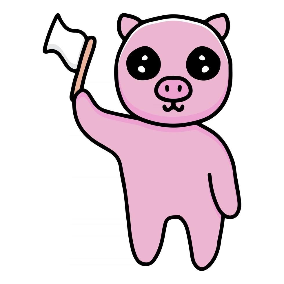 kawaii pig cartoon holding surrender flag. clip art illustration for sticker and apparel vector