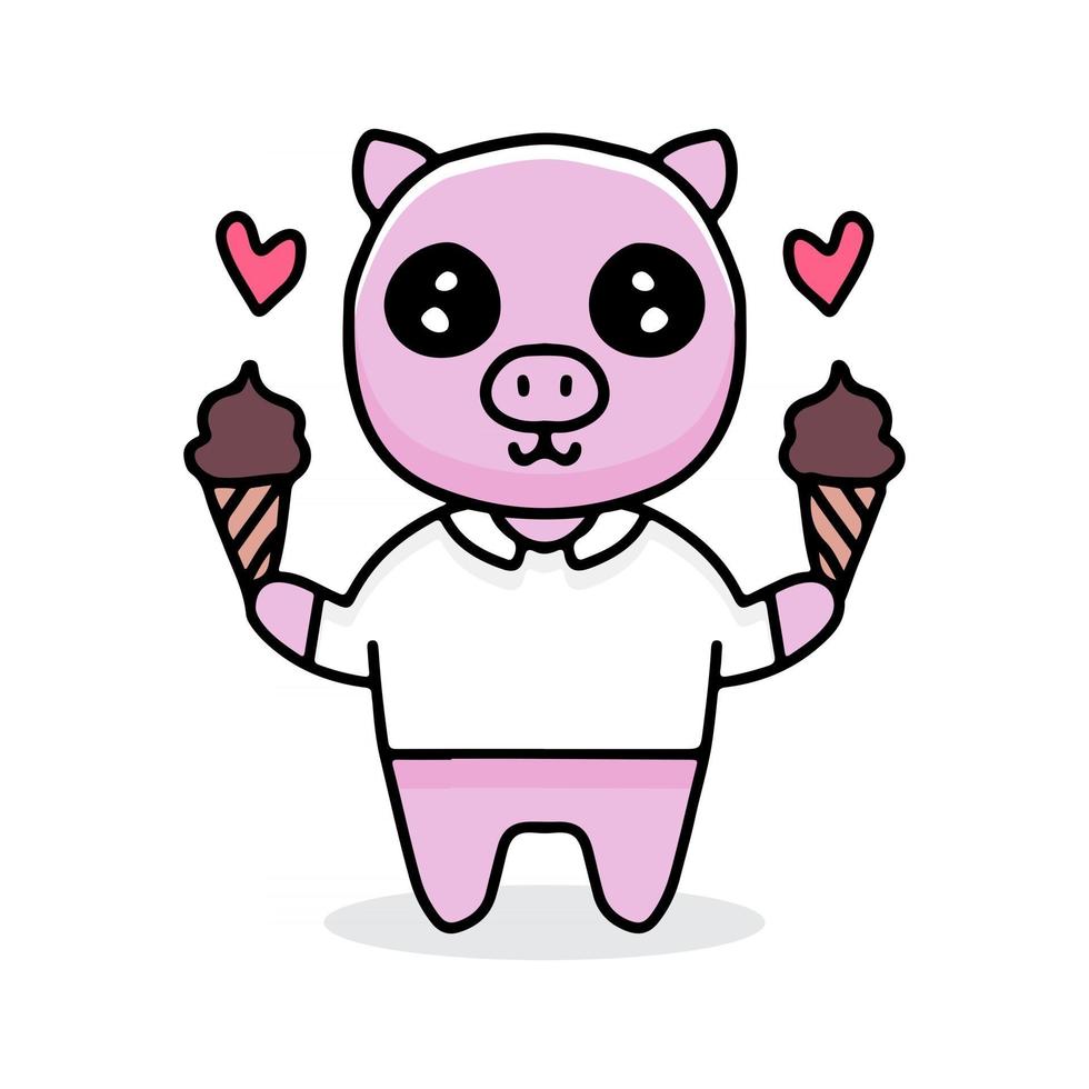 dibujos animados de cerdo lindo con helado. Ilustración de diseño para calcomanías y prendas de vestir. vector