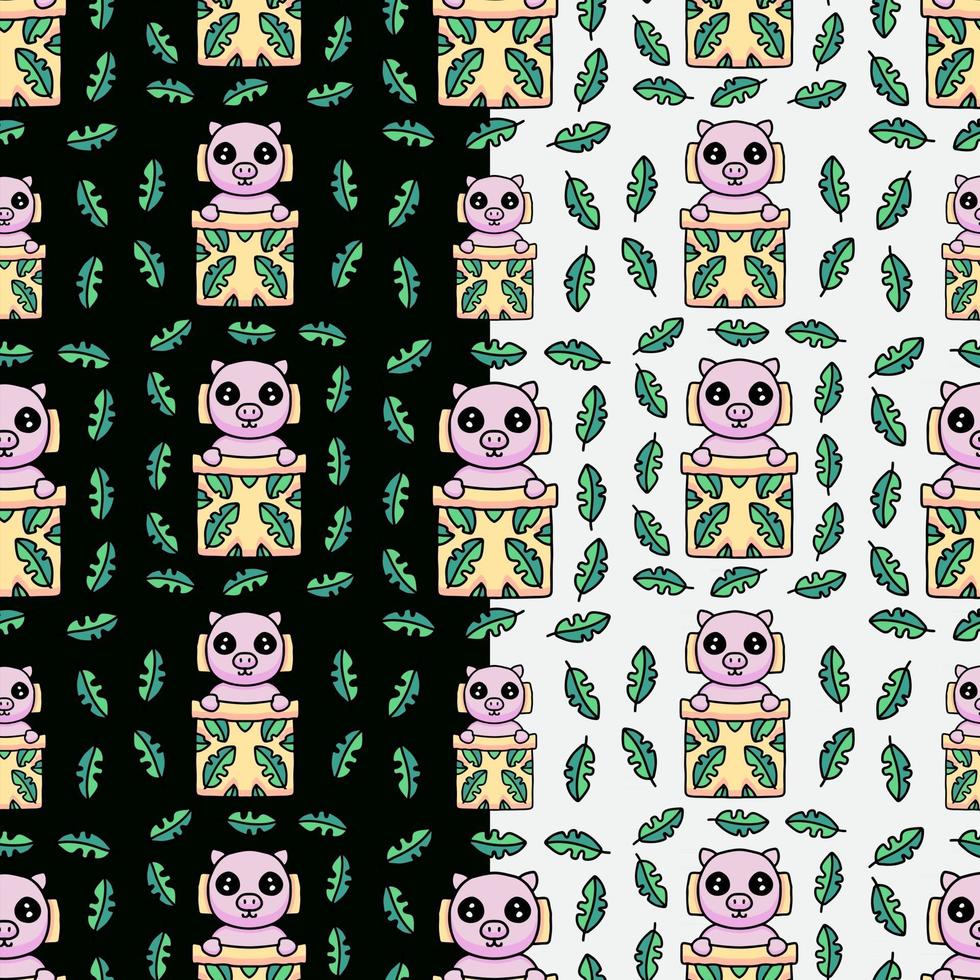 cerdo kawaii en manta con dibujos animados de hojas tropicales. lindo patrón sin costuras para textiles o prendas de vestir vector