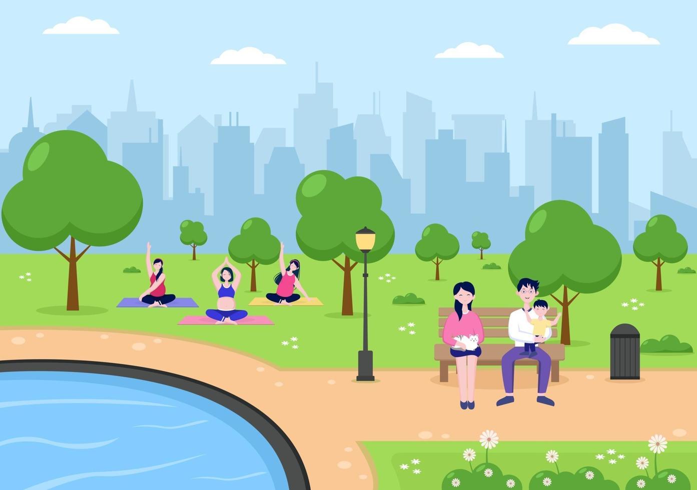 City Park Illustration For People Doing Sport, Relaxing, Playing Or Recreation With Green Tree And Lawn. Scenery Urban Background vector