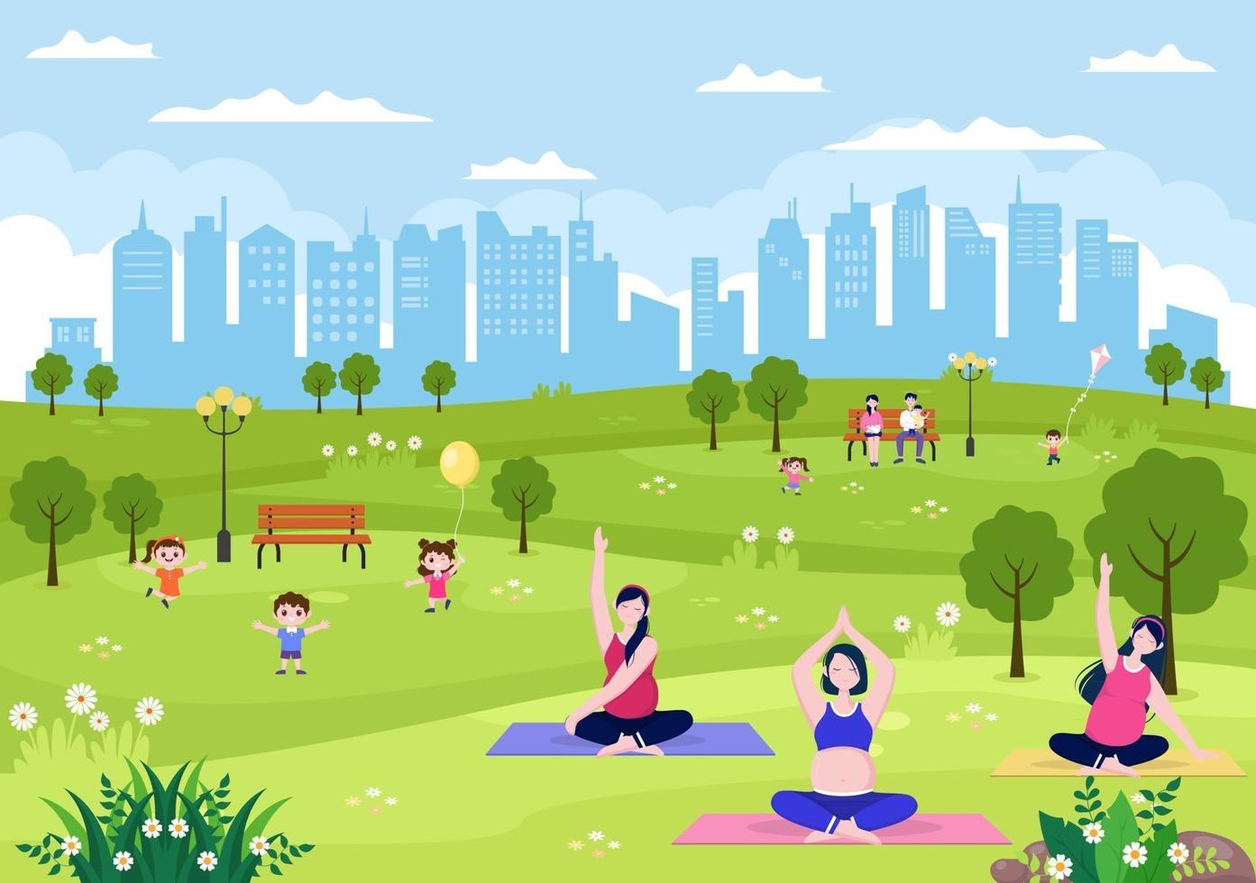City Park Illustration For People Doing Sport, Relaxing, Playing Or Recreation With Green Tree And Lawn. Scenery Urban Background vector