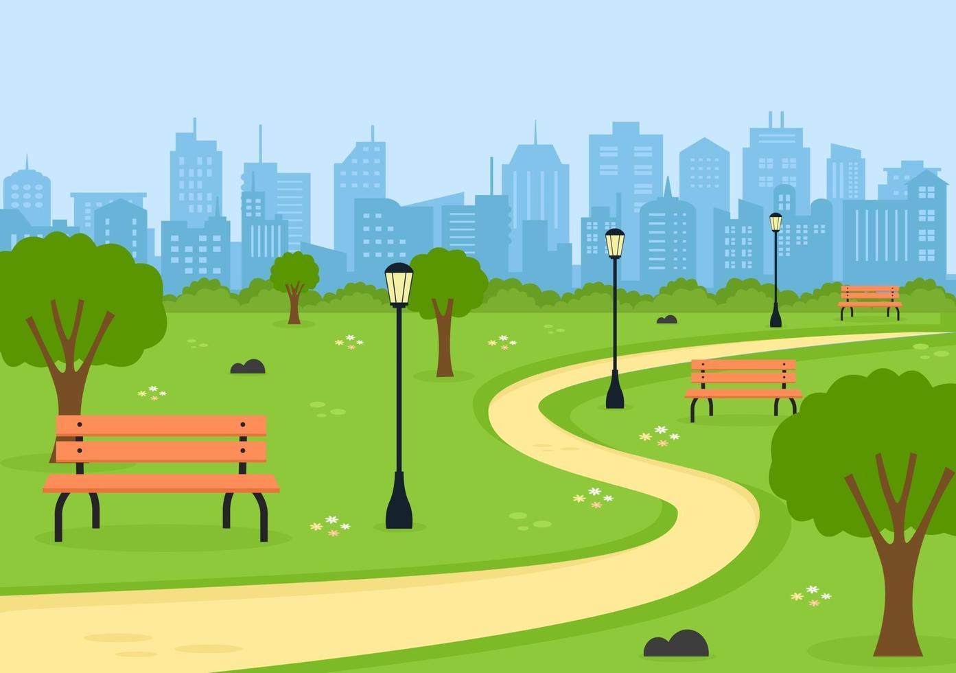 Ilustración del parque de la ciudad para personas que hacen deporte, se relajan, juegan o se recrean con árboles verdes y césped. paisaje urbano fondo vector