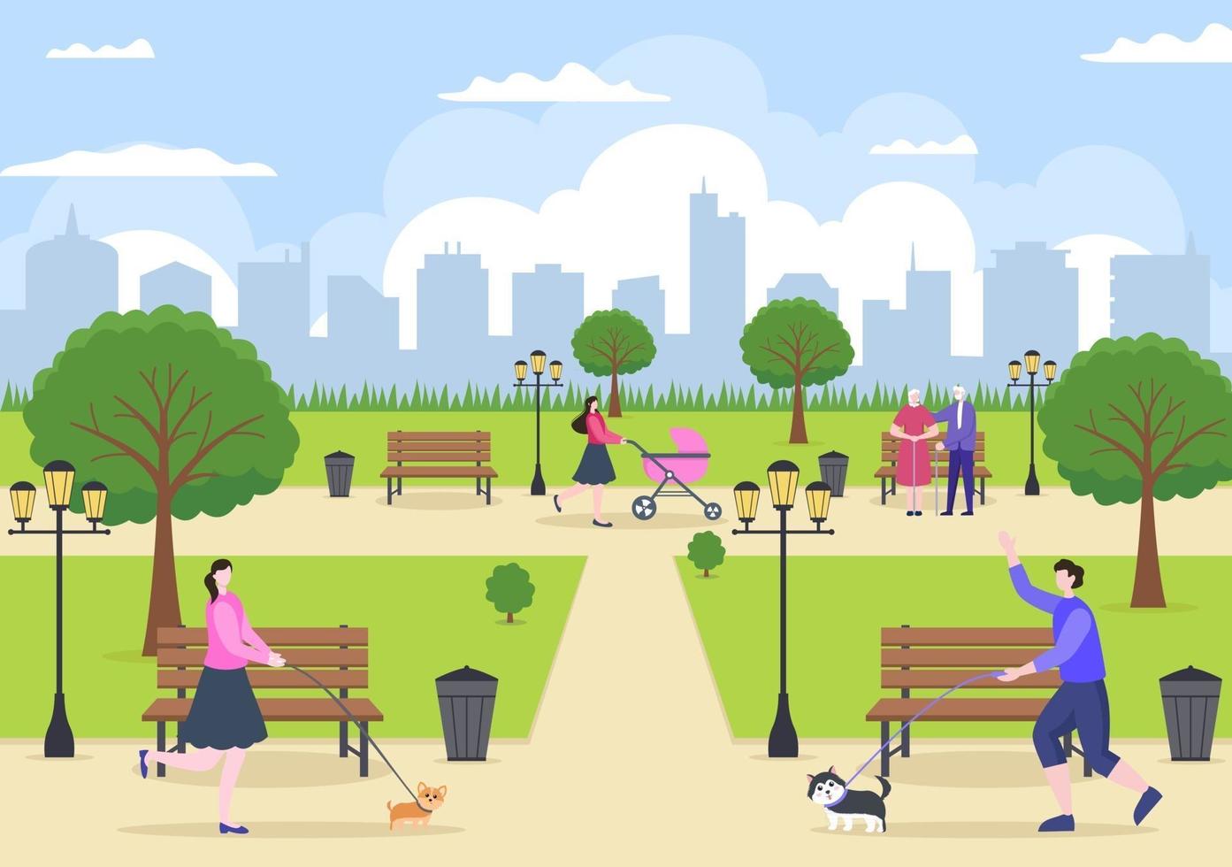 Ilustración del parque de la ciudad para personas que hacen deporte, se relajan, juegan o se recrean con árboles verdes y césped. paisaje urbano fondo vector