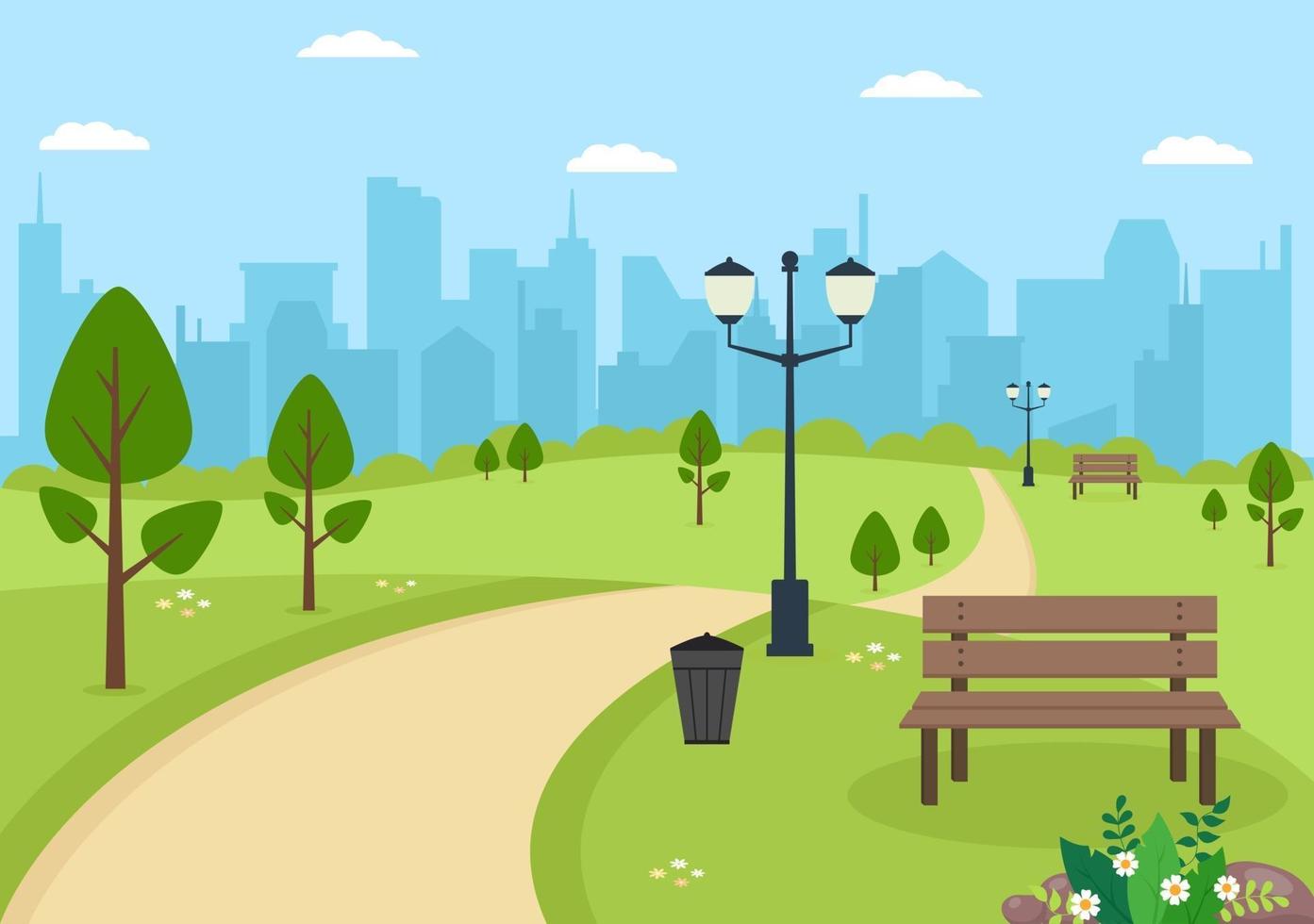 Ilustración del parque de la ciudad para personas que hacen deporte, se relajan, juegan o se recrean con árboles verdes y césped. paisaje urbano fondo vector