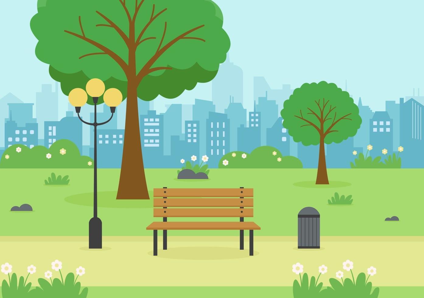 Ilustración del parque de la ciudad para personas que hacen deporte, se relajan, juegan o se recrean con árboles verdes y césped. paisaje urbano fondo vector