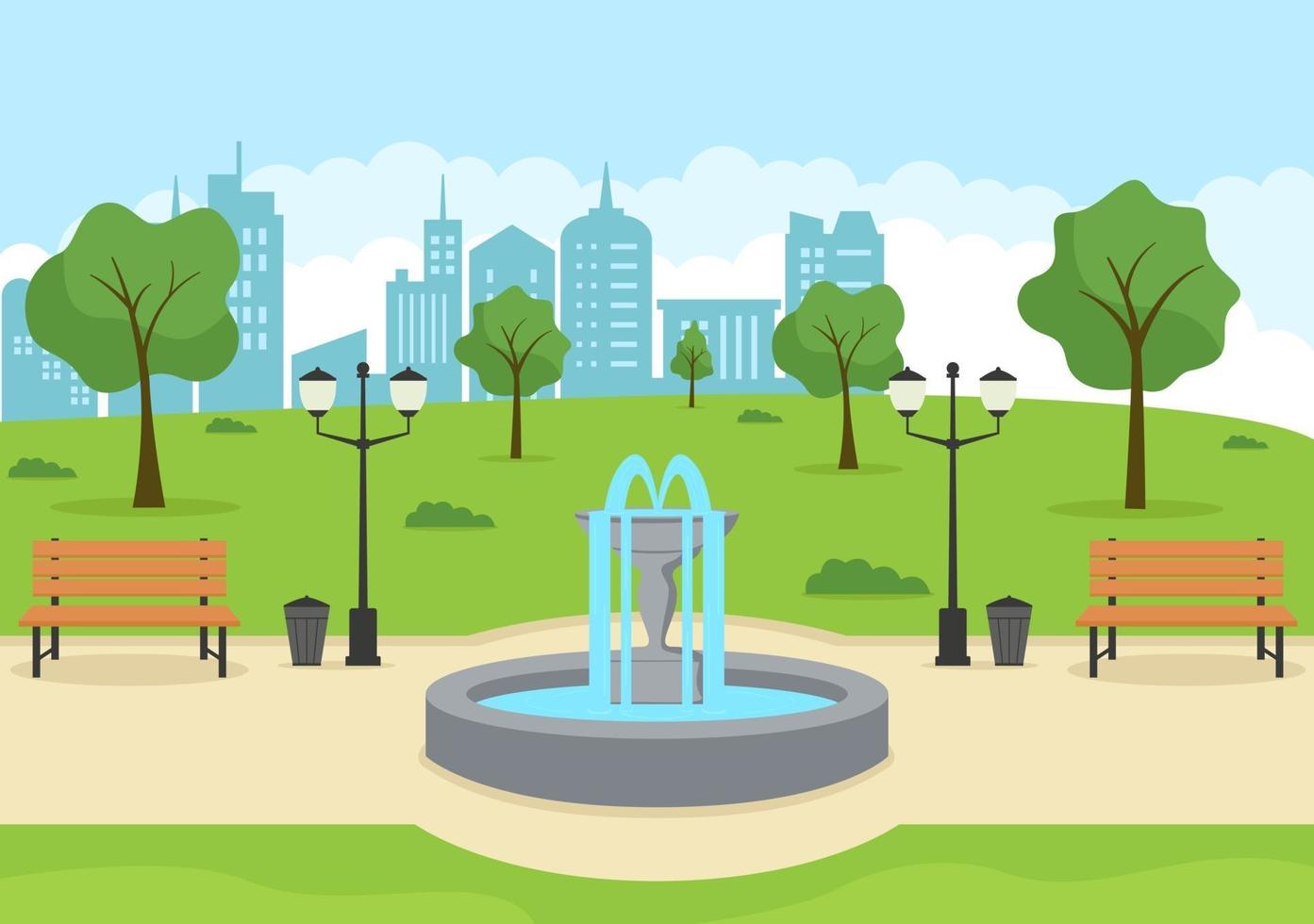 Ilustración del parque de la ciudad para personas que hacen deporte, se relajan, juegan o se recrean con árboles verdes y césped. paisaje urbano fondo vector