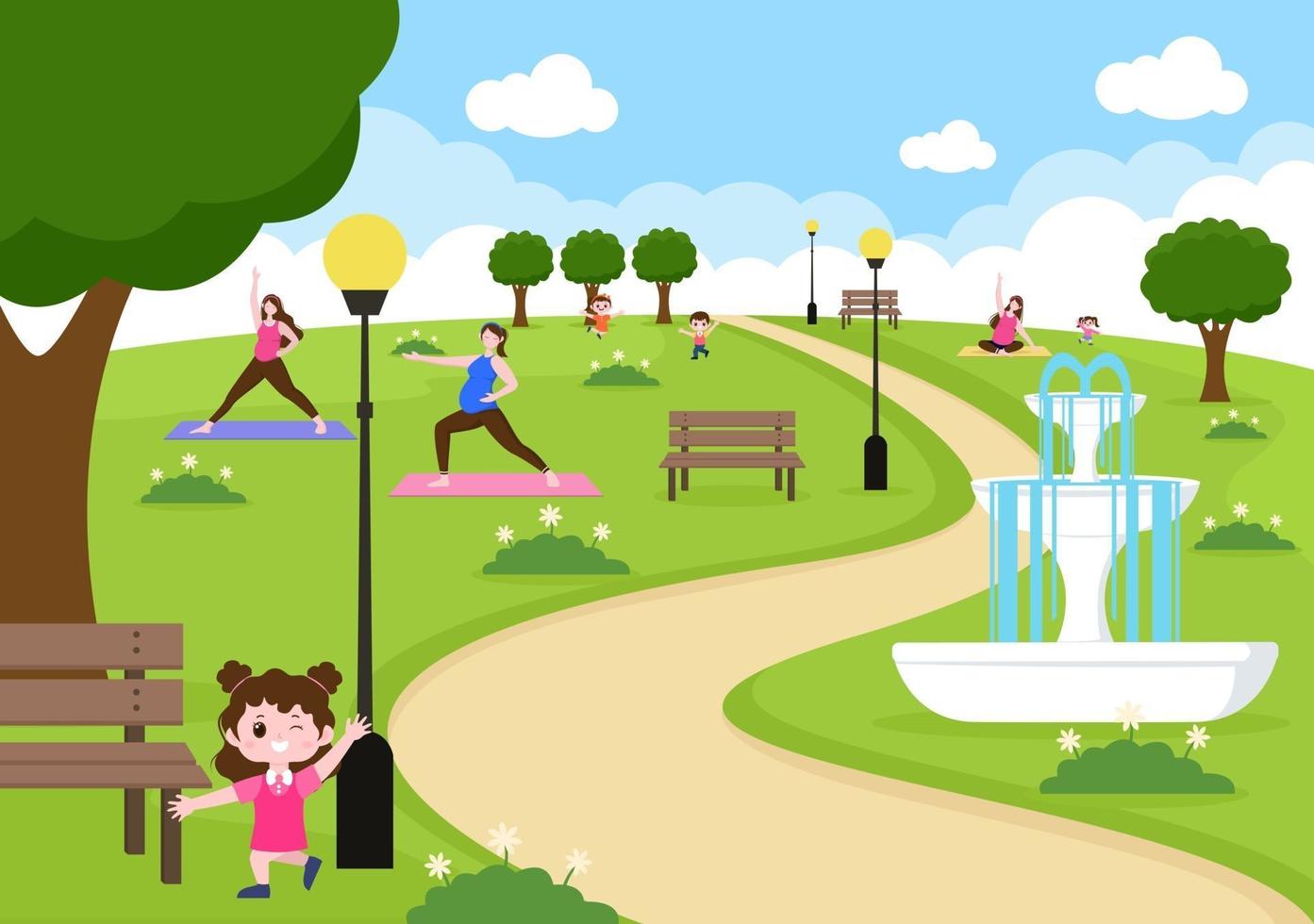 City Park Illustration For People Doing Sport, Relaxing, Playing Or Recreation With Green Tree And Lawn. Scenery Urban Background vector