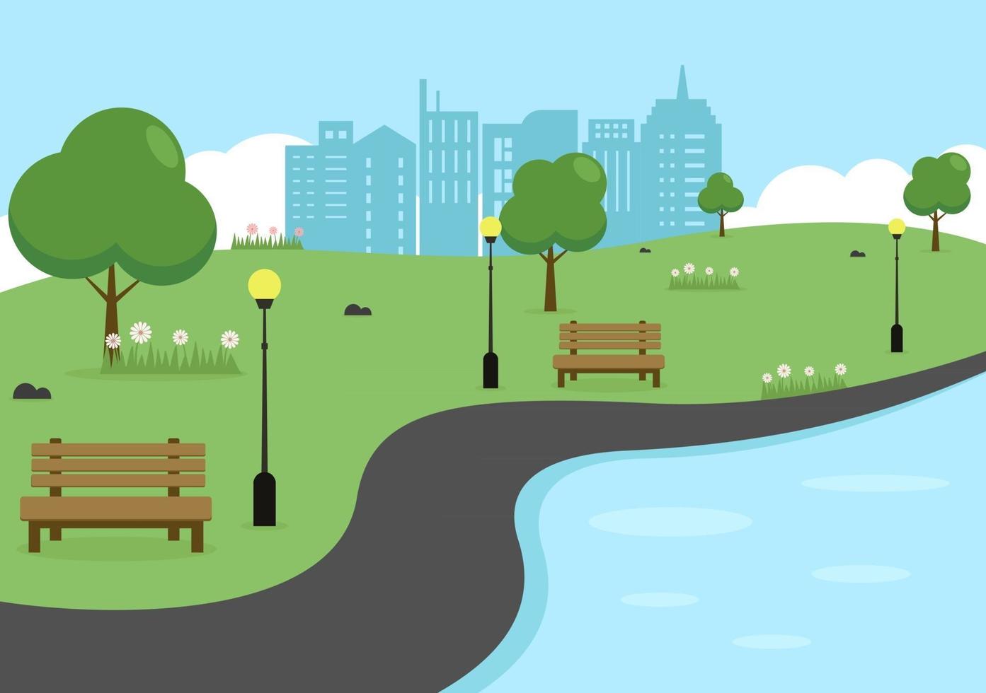 Ilustración del parque de la ciudad para personas que hacen deporte, se relajan, juegan o se recrean con árboles verdes y césped. paisaje urbano fondo vector