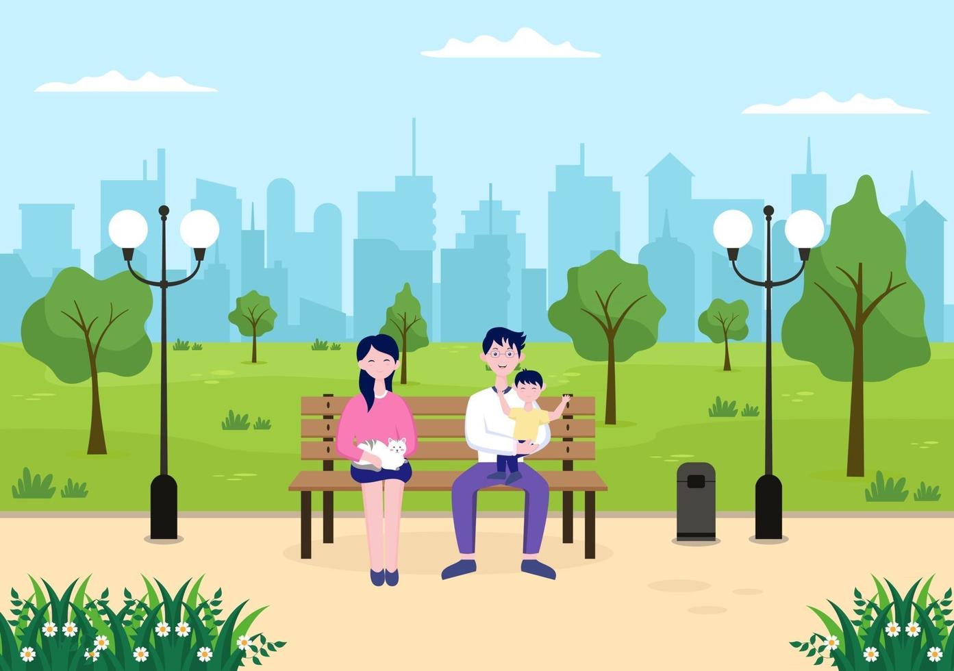 City Park Illustration For People Doing Sport, Relaxing, Playing Or Recreation With Green Tree And Lawn. Scenery Urban Background vector