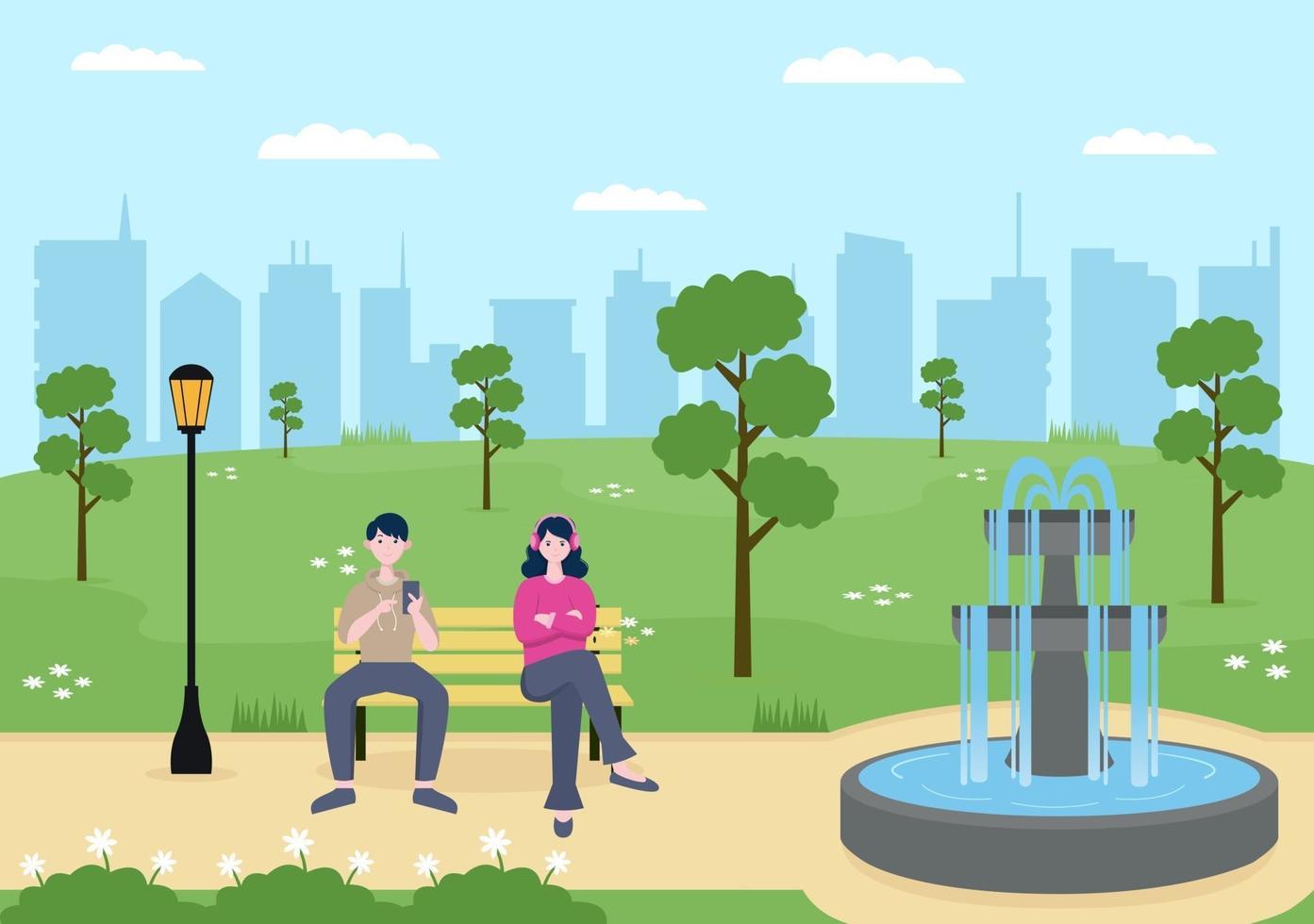 City Park Illustration For People Doing Sport, Relaxing, Playing Or Recreation With Green Tree And Lawn. Scenery Urban Background vector