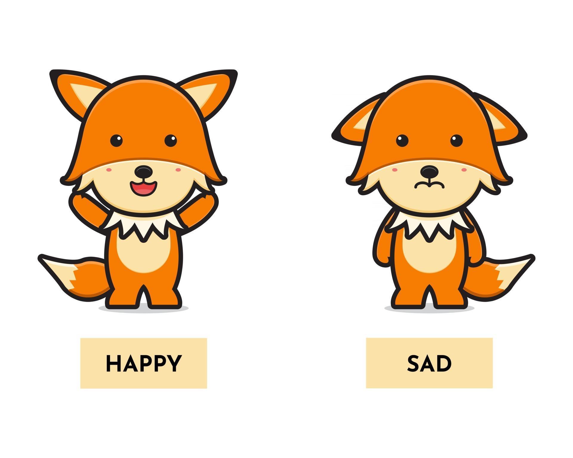 Cute fox happy and sad antonym card cartoon icon vector illustration