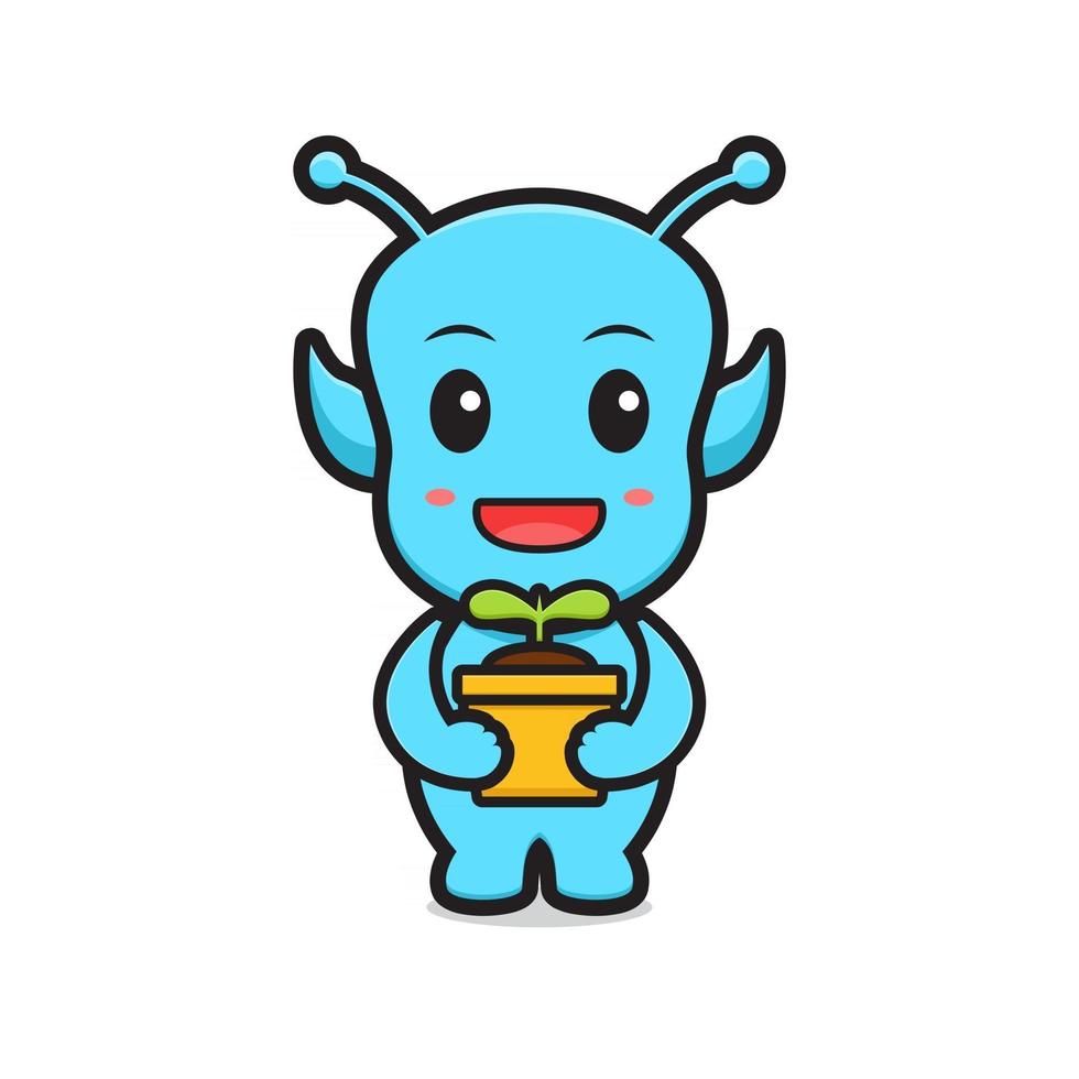 Cute alien holding plant cartoon vector icono ilustración